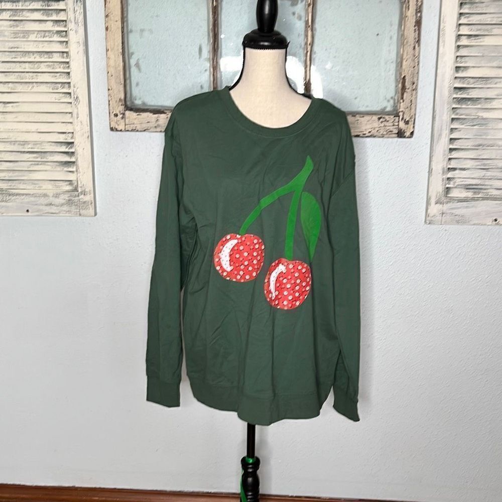 Mighty Fine Womens Sweatshirt Cherry Crewneck Hunter Green Size 1X NWT